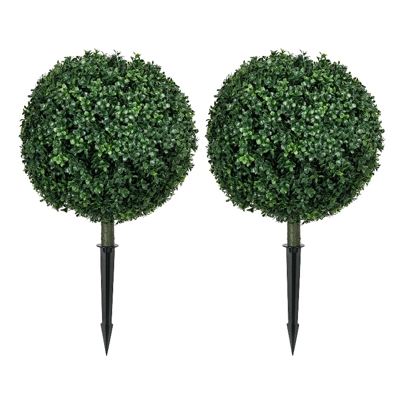 Owen Boxwood Round Ball Topiary Set w Ground Stake- Poly Silk 16 Inch