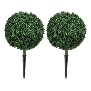 Owen Boxwood Round Ball Topiary Set w Ground Stake- Poly Silk 16 Inch