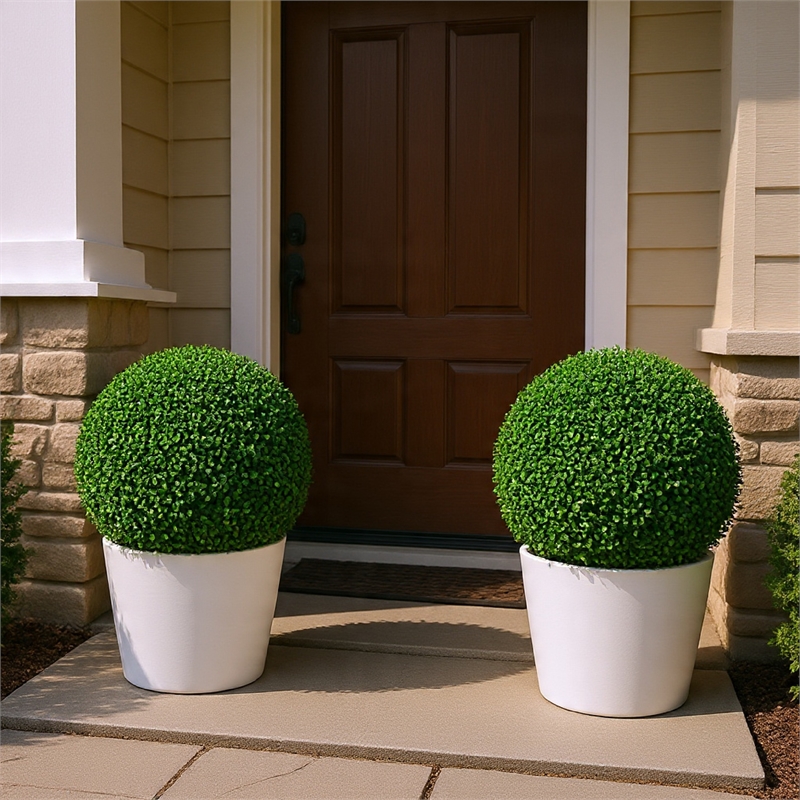Zyra Artificial Boxwood Topiary Ball- Set of 2- Green Poly Silk 16 Inch