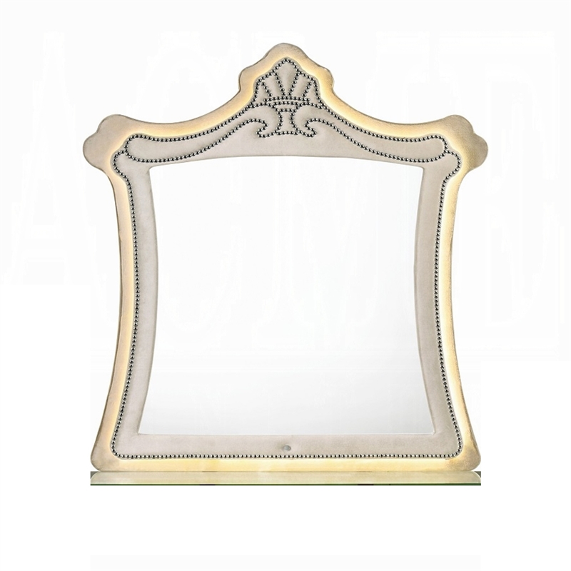 Willa LED Dresser Mirror- Crown Top- Nailed Beige Velvet Upholstery 45x48