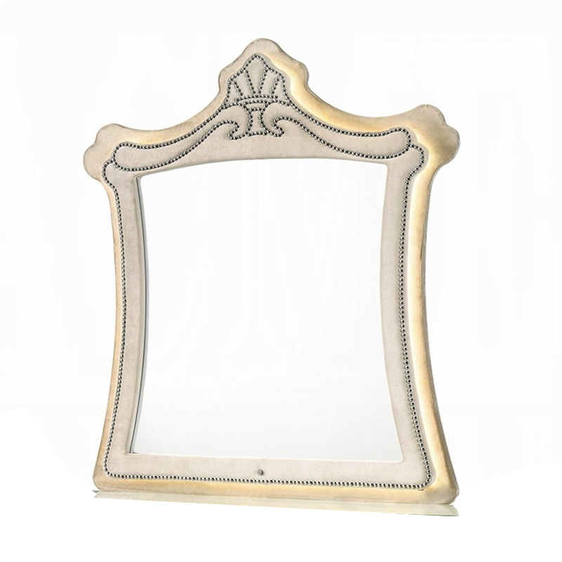 Willa LED Dresser Mirror- Crown Top- Nailed Beige Velvet Upholstery 45x48