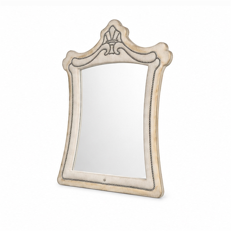Willa LED Dresser Mirror- Crown Top- Nailed Beige Velvet Upholstery 45x48