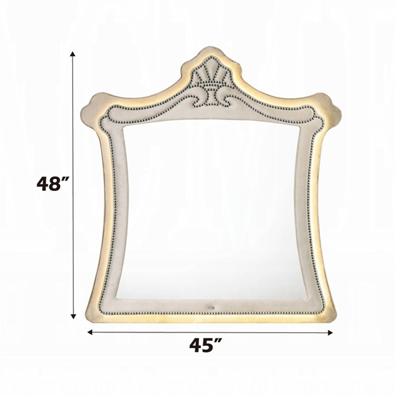 Willa LED Dresser Mirror- Crown Top- Nailed Beige Velvet Upholstery 45x48