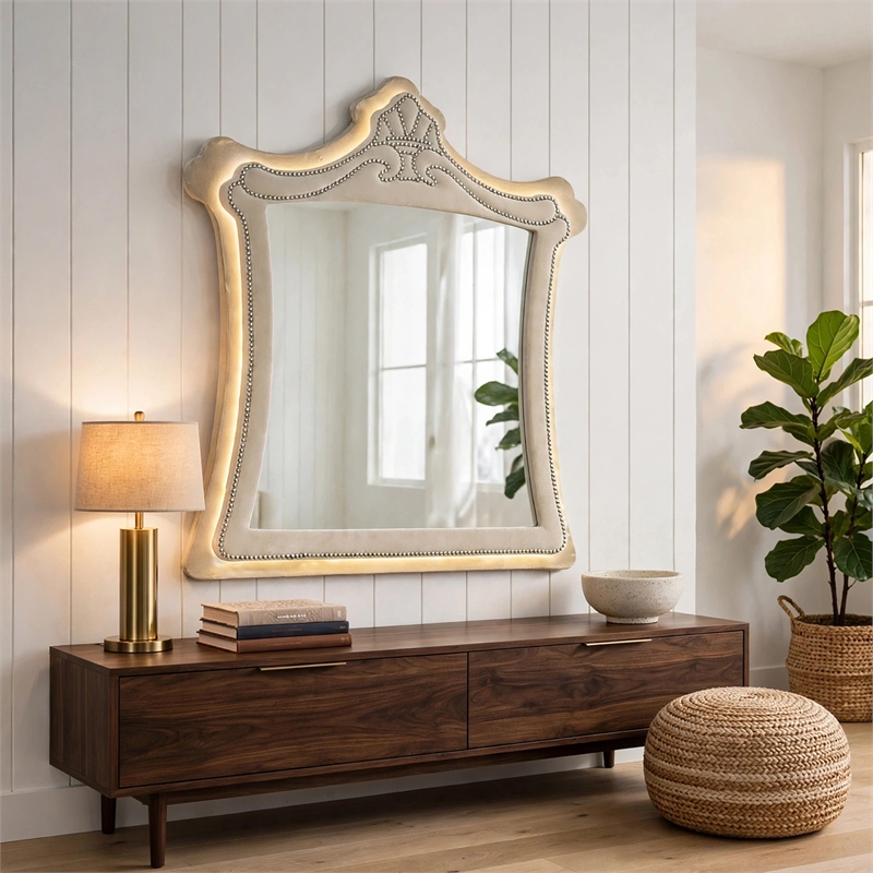 Willa LED Dresser Mirror- Crown Top- Nailed Beige Velvet Upholstery 45x48