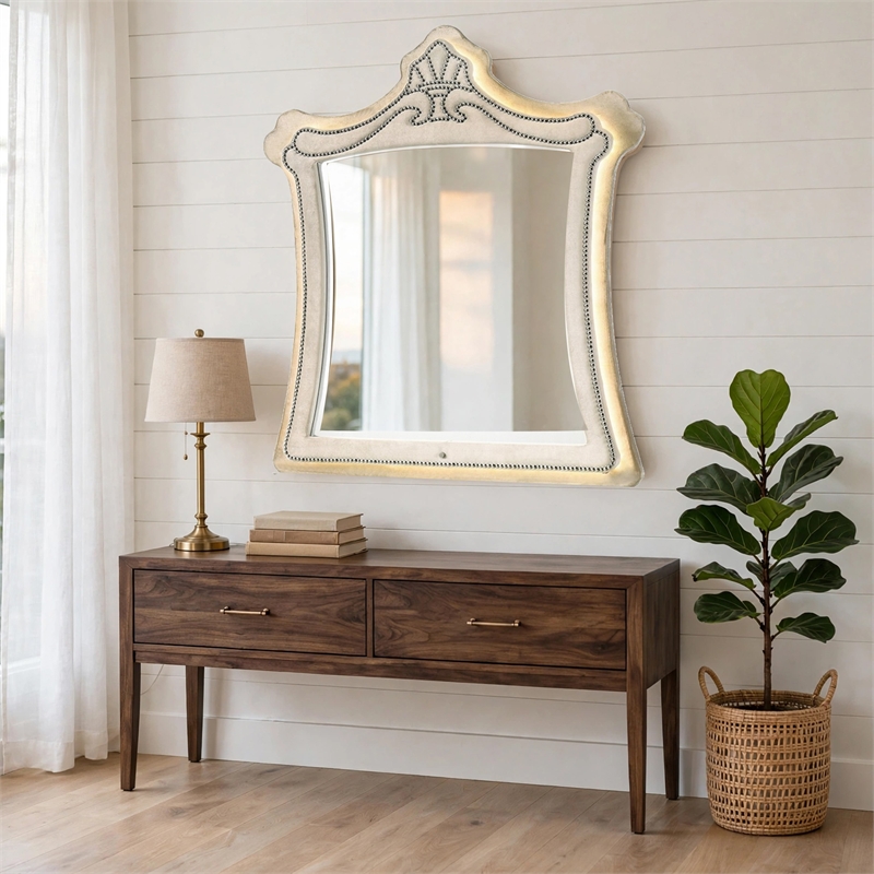 Willa LED Dresser Mirror- Crown Top- Nailed Beige Velvet Upholstery 45x48