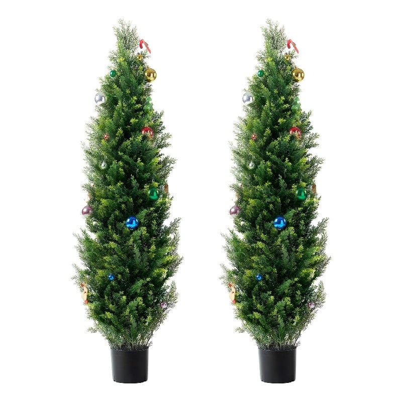 Tahya Cedar Topiary Tree- Set of 2- Iron Frame- Green Poly Silk- 60 Inch