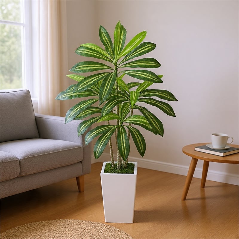 Kren Artificial Dracaena Tree- White Planter- Lifelike Poly Silk 60 Inch