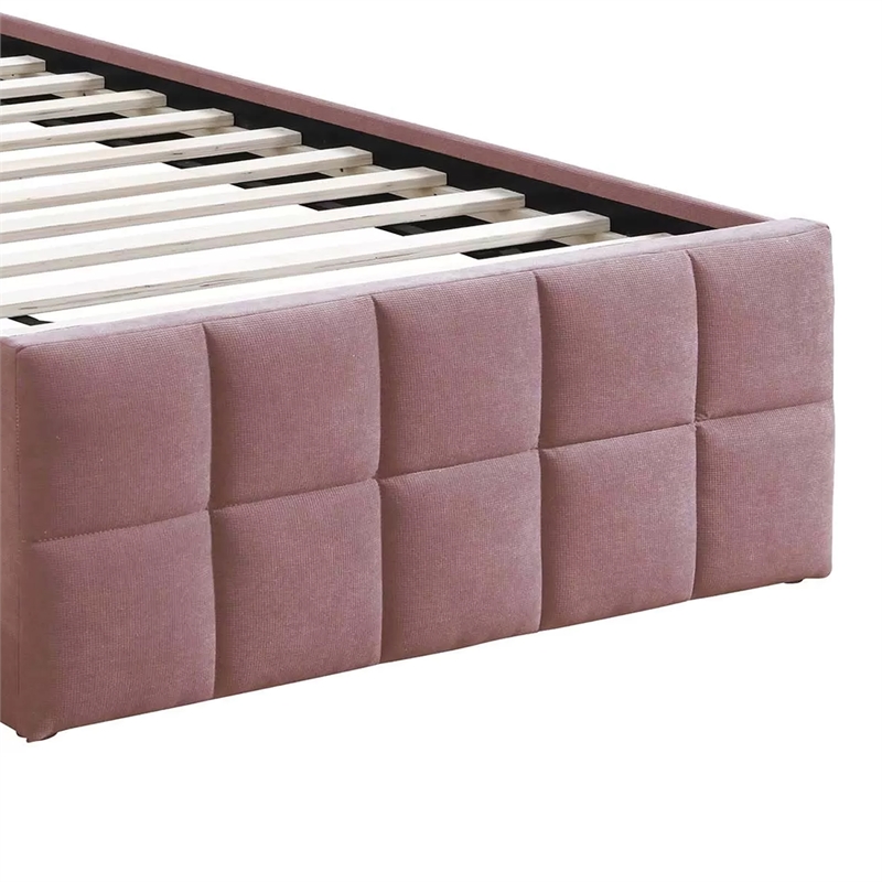 Shahi Full Platform Bed w Trundle- Tufted Pink Brushed Linen Upholstery