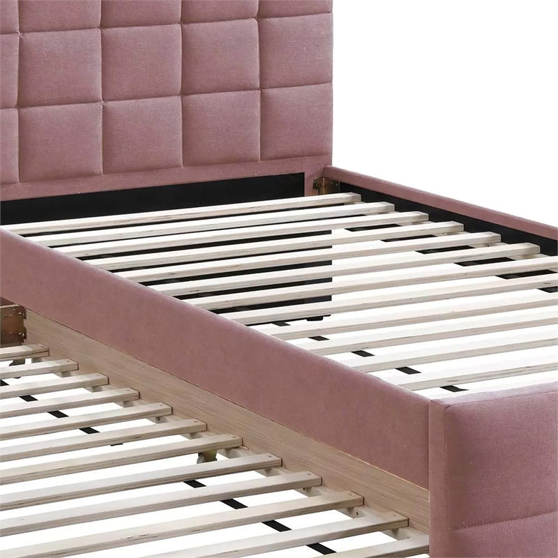 Shahi Full Platform Bed w Trundle- Tufted Pink Brushed Linen Upholstery