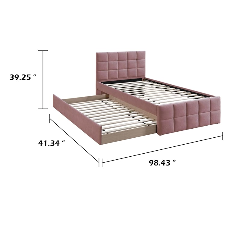 Shahi Full Platform Bed w Trundle- Tufted Pink Brushed Linen Upholstery