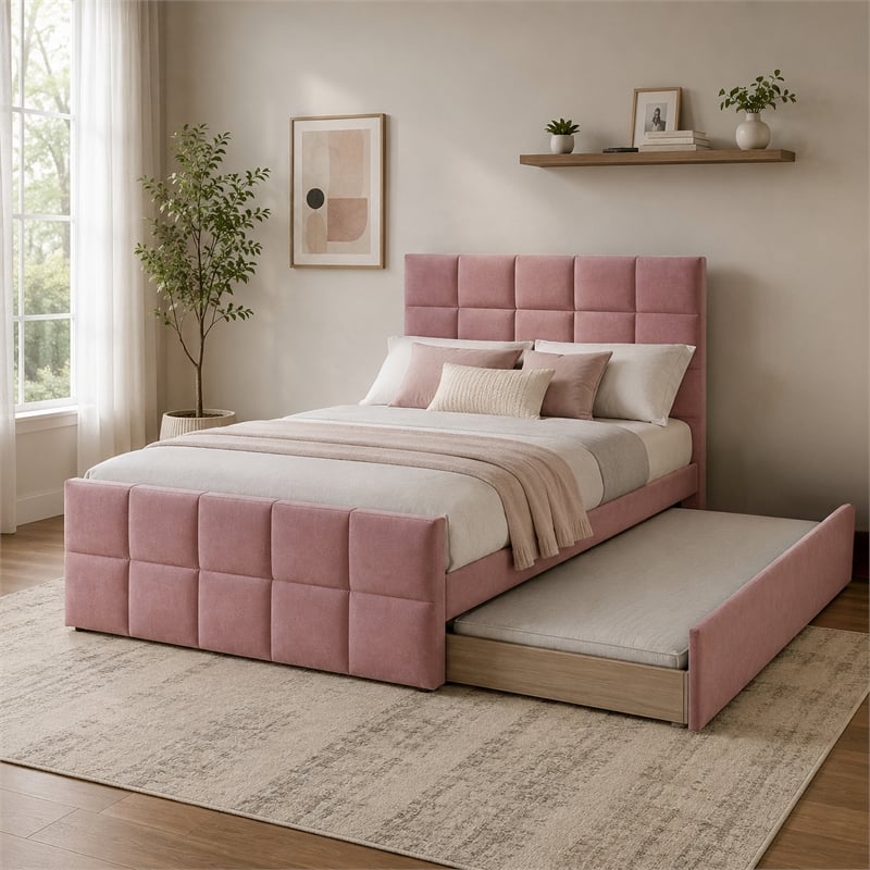 Shahi Full Platform Bed w Trundle- Tufted Pink Brushed Linen Upholstery