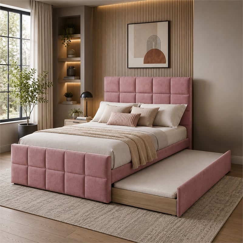 Shahi Full Platform Bed w Trundle- Tufted Pink Brushed Linen Upholstery