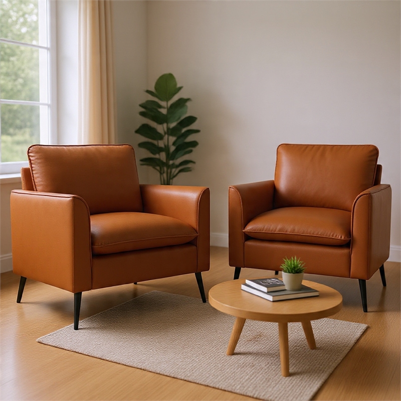 Pimi Sofa Chair Set of 2- Brown Faux Leather- Retro Style Black Legs