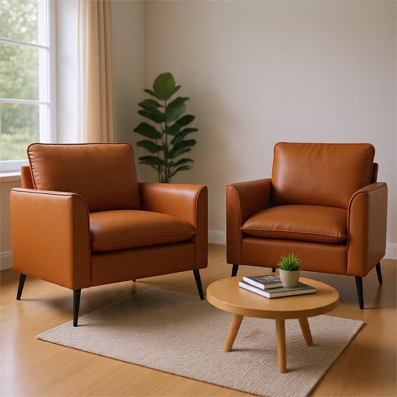 Pimi Sofa Chair Set of 2- Brown Faux Leather- Retro Style Black Legs