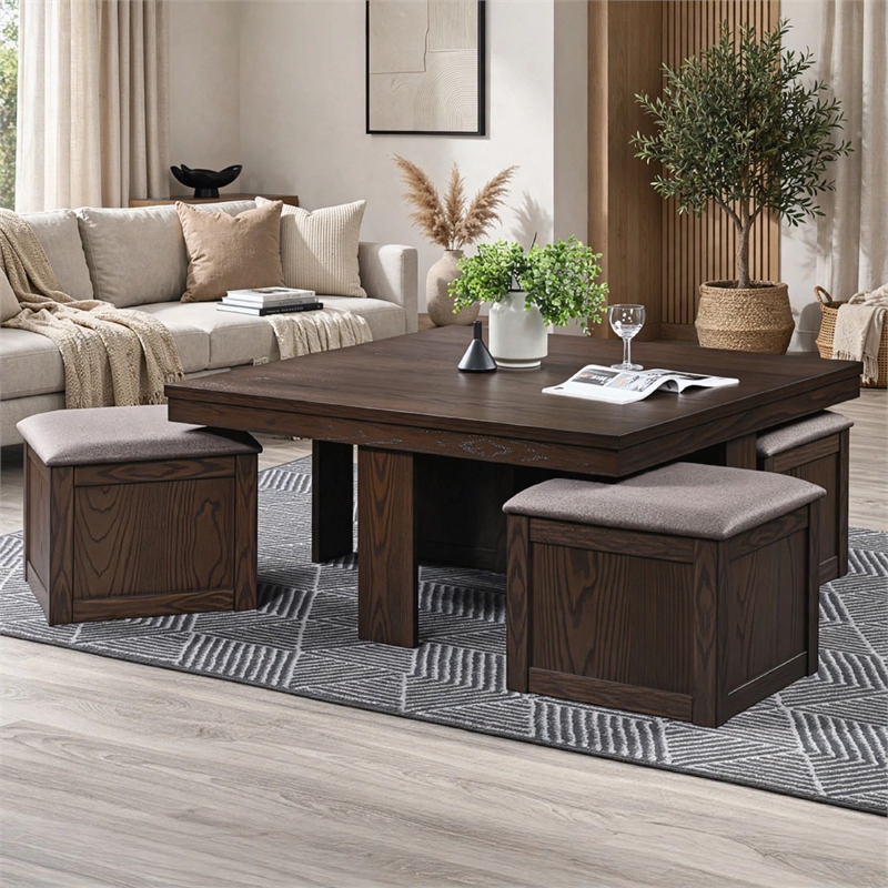 Pax 5pc Coffee Table w 4 Storage Ottoman- Gray Polyester Seat- Brown Wood