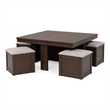 Pax 5pc Coffee Table w 4 Storage Ottoman- Gray Polyester Seat- Brown Wood