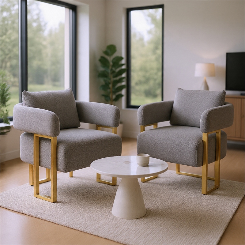 Jiya Accent Club Chair Set of 2- Sponge Fill Gray Teddy Fleece- Gold Legs