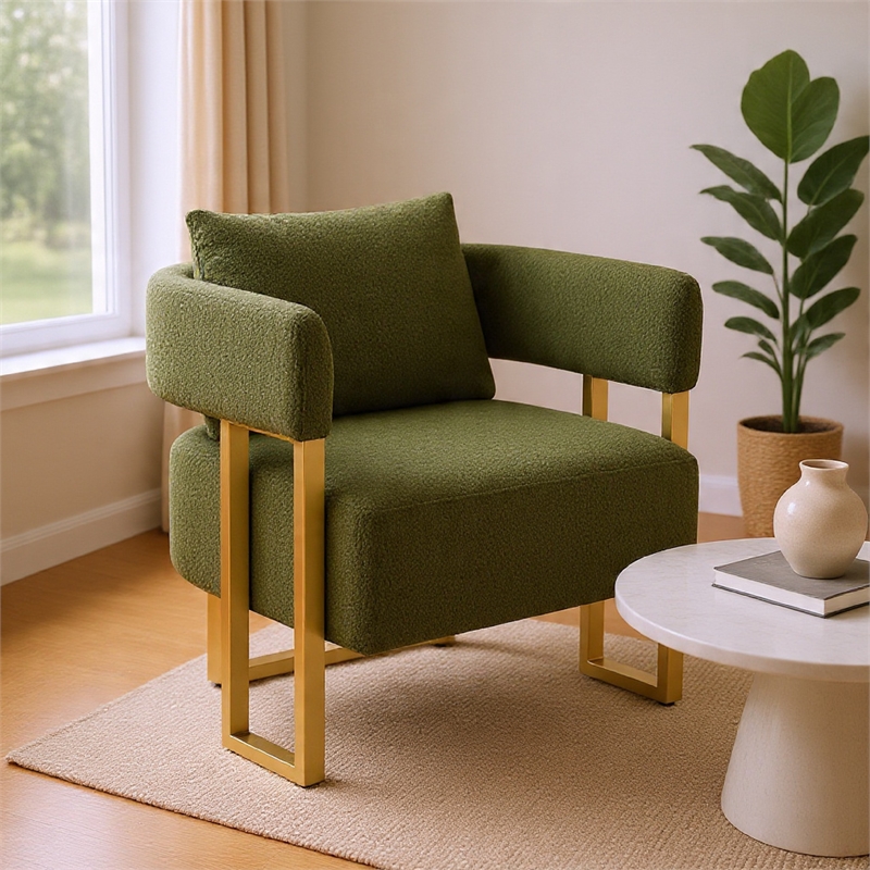 Jiya Accent Club Chair Set of 2- Sponge Fill Green Teddy Fleece- Gold Legs