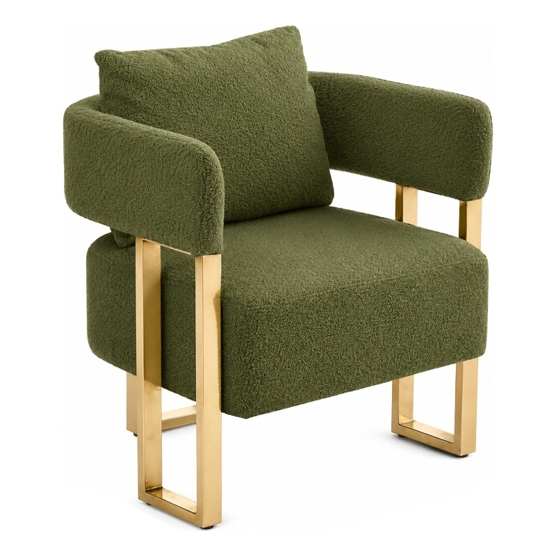 Jiya Accent Club Chair Set of 2- Sponge Fill Green Teddy Fleece- Gold Legs