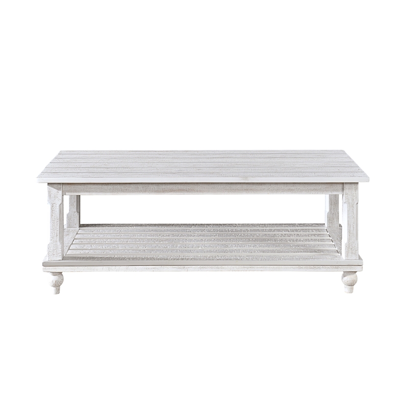 Jade 3pc Coffee Table & End Table- Slatted Shelf- Distress White Bun Legs