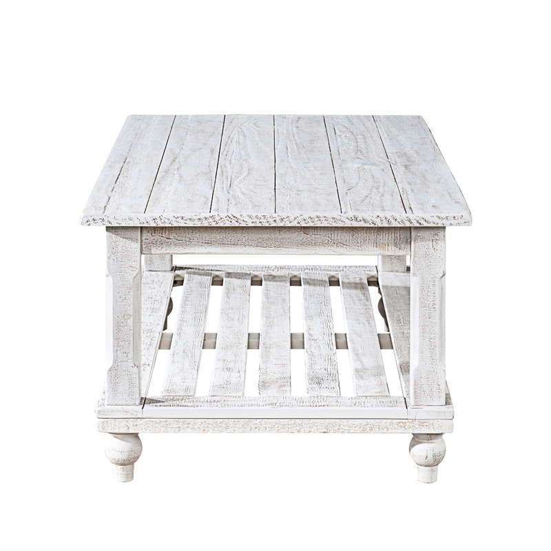 Jade 3pc Coffee Table & End Table- Slatted Shelf- Distress White Bun Legs