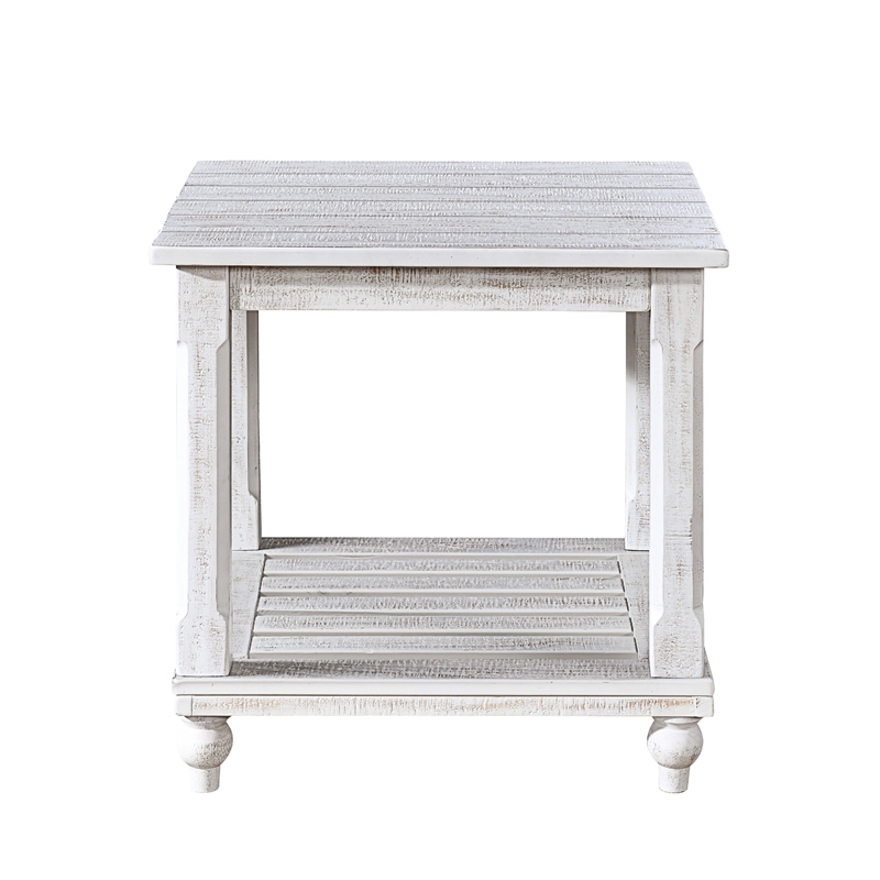 Jade 3pc Coffee Table & End Table- Slatted Shelf- Distress White Bun Legs
