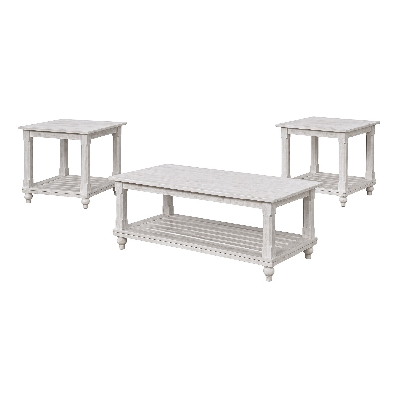 Jade 3pc Coffee Table & End Table- Slatted Shelf- Distress White Bun Legs