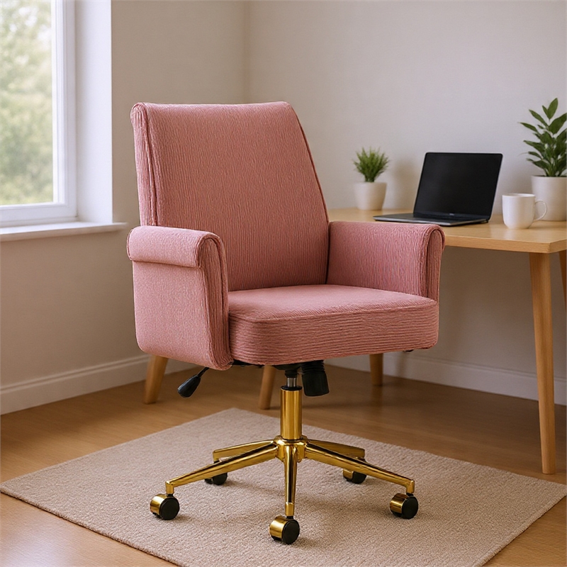 Vena Liftable Office Chair- Memory Foam Pink Corduroy- Gold Metal Base