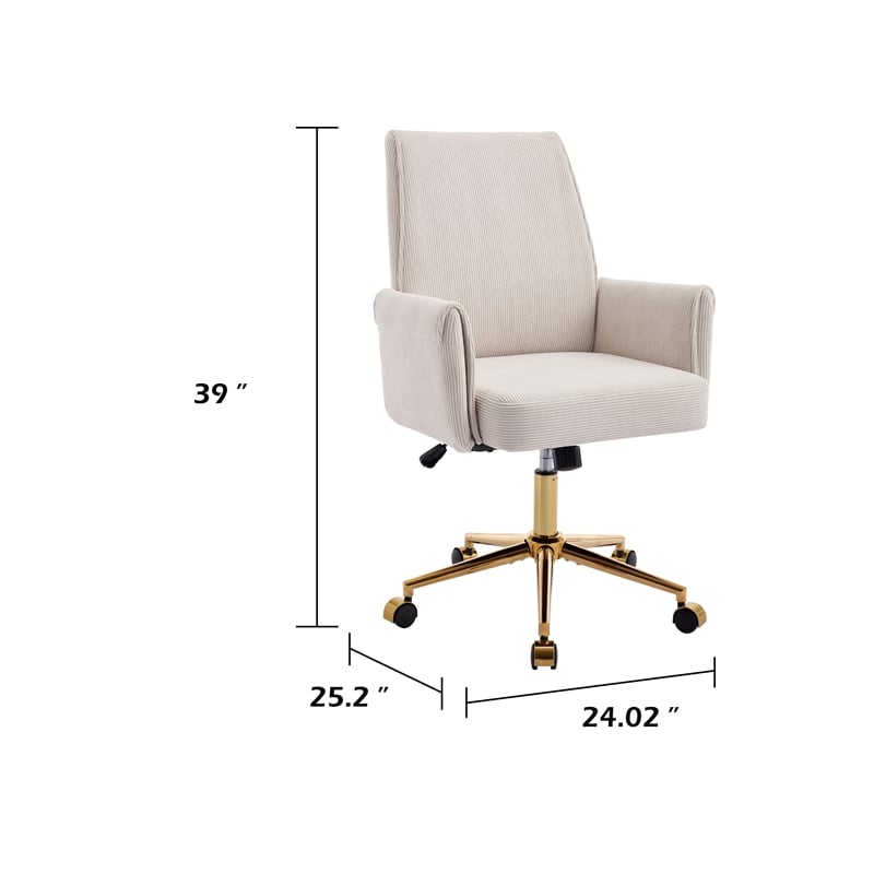 Vena Liftable Office Chair- Memory Foam White Corduroy- Gold Metal Base