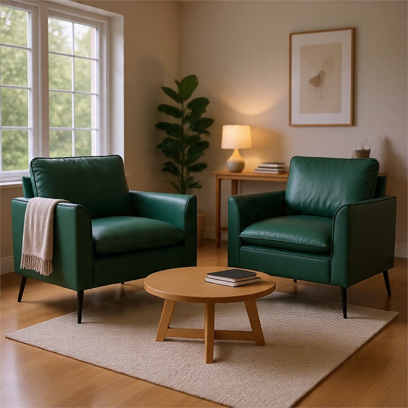 Heya Lounge Sofa Chair Set of 2- Track Arms- Green Faux Leather