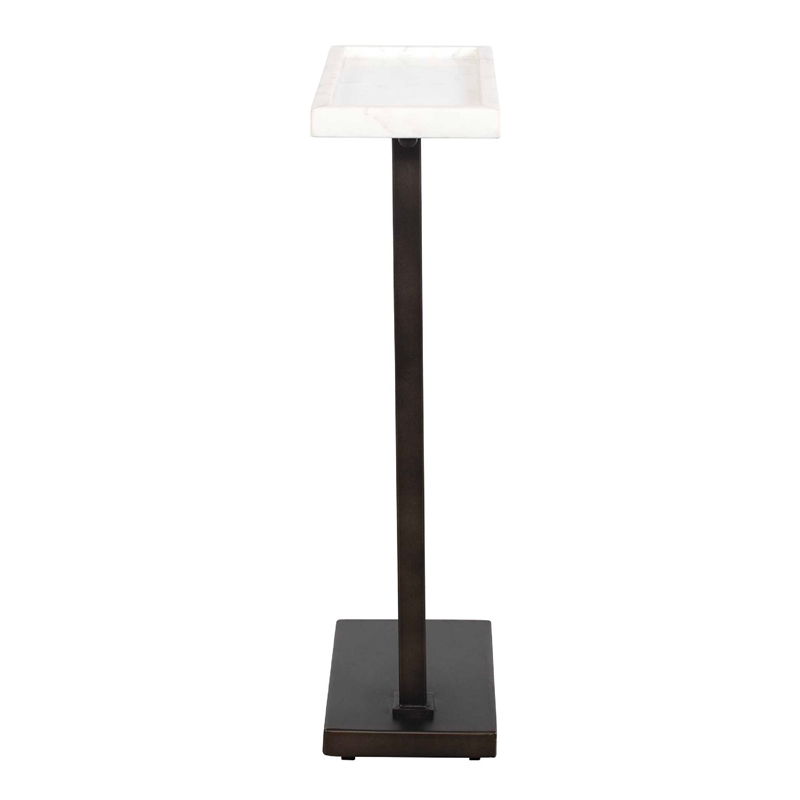 Accent Side End Drink Table- White Marble Top- Bronze Iron- 24 Inch