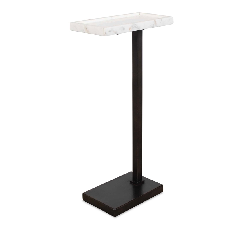 Accent Side End Drink Table- White Marble Top- Bronze Iron- 24 Inch