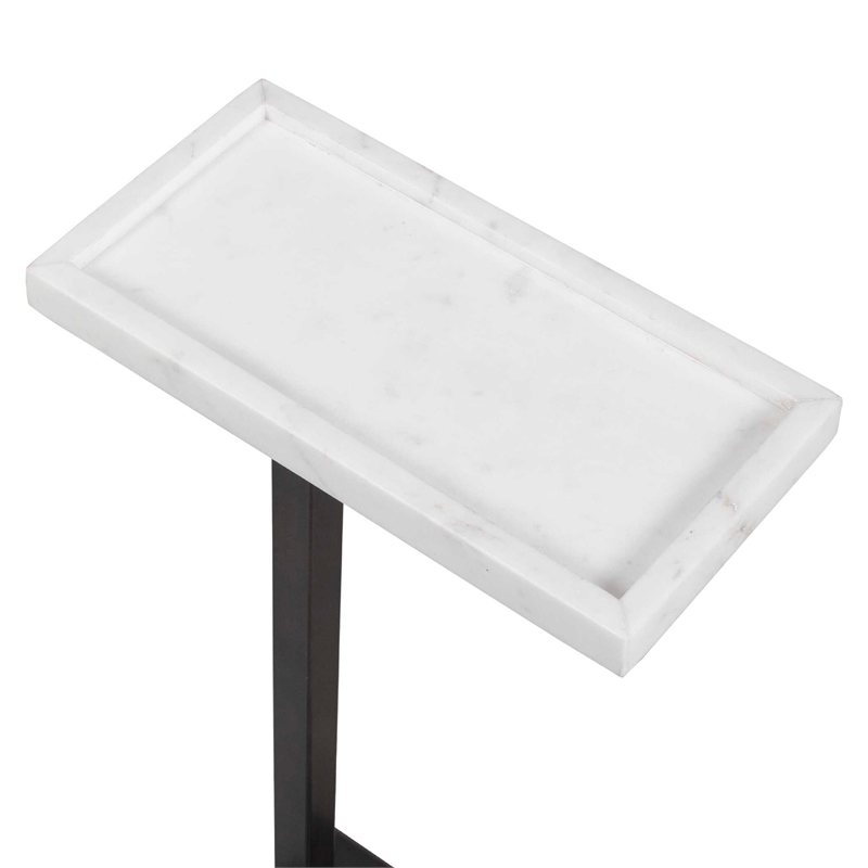 Accent Side End Drink Table- White Marble Top- Bronze Iron- 24 Inch