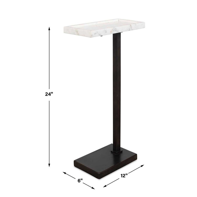 Accent Side End Drink Table- White Marble Top- Bronze Iron- 24 Inch