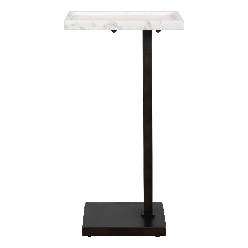 Accent Side End Drink Table- White Marble Top- Bronze Iron- 24 Inch