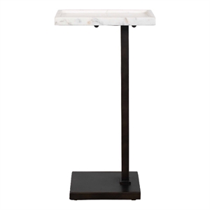 Accent Side End Drink Table- White Marble Top- Bronze Iron- 24 Inch
