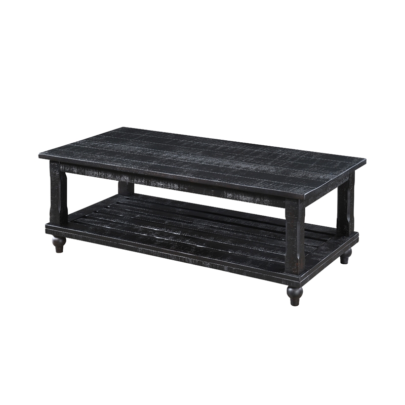 Jade 3pc Coffee Table & End Table- Slatted Shelf- Distress Black Bun Legs