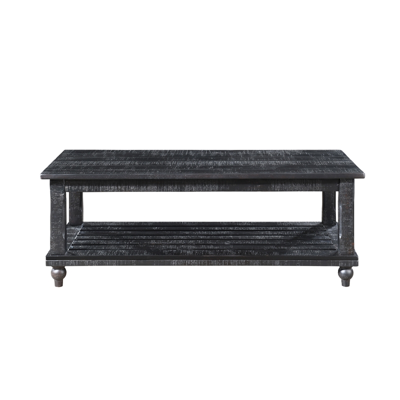Jade 3pc Coffee Table & End Table- Slatted Shelf- Distress Black Bun Legs