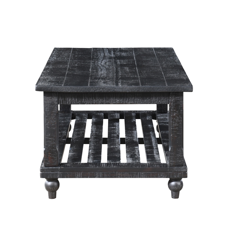 Jade 3pc Coffee Table & End Table- Slatted Shelf- Distress Black Bun Legs