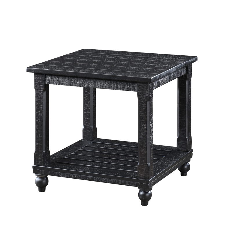 Jade 3pc Coffee Table & End Table- Slatted Shelf- Distress Black Bun Legs