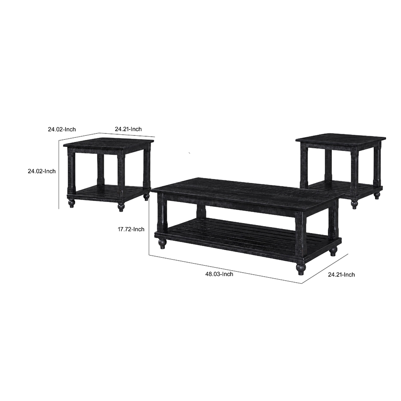 Jade 3pc Coffee Table & End Table- Slatted Shelf- Distress Black Bun Legs