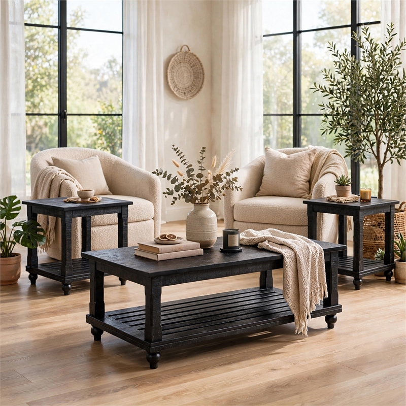 Jade 3pc Coffee Table & End Table- Slatted Shelf- Distress Black Bun Legs