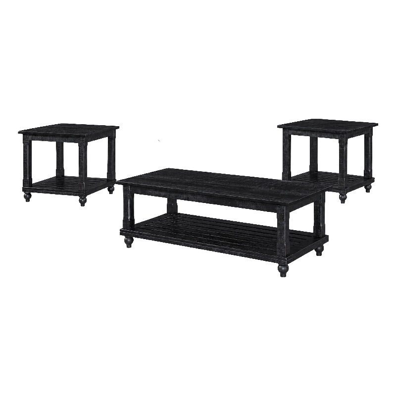 Jade 3pc Coffee Table & End Table- Slatted Shelf- Distress Black Bun Legs