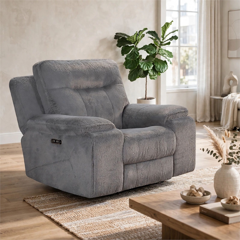 Ted Power Recliner Chair- USB and Cupholders- Cloud Gray Polyester