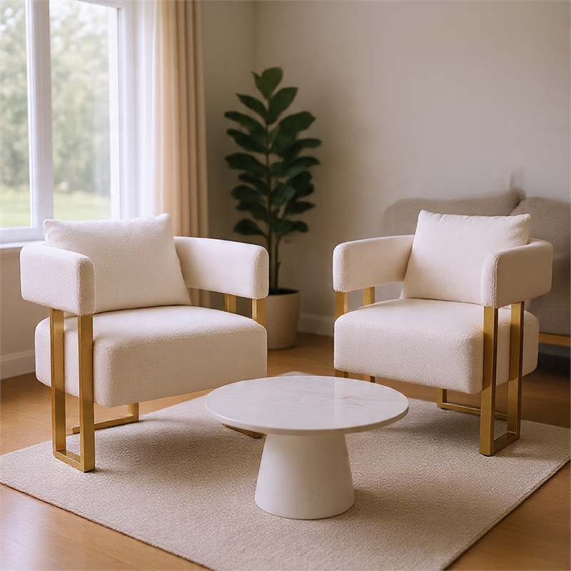 Sery Accent Arm Chair Set of 2- White Teddy Fleece- Gold Square Legs