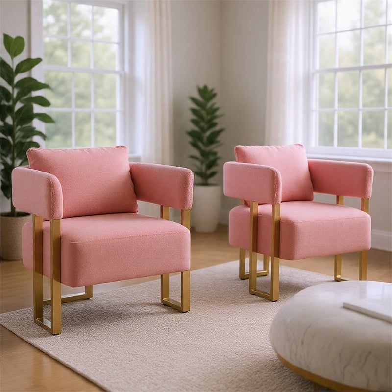 Sery Accent Sofa Chair Set of 2- Pink Teddy Fleece- Gold Square Legs