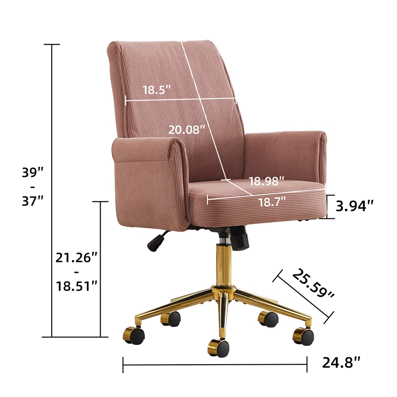 Swivel Office Chair- Light Pink Corduroy- Adjustable Height- Gold Base