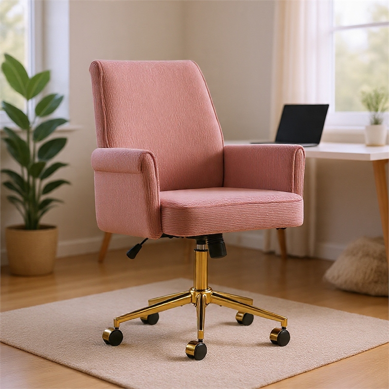 Swivel Office Chair- Light Pink Corduroy- Adjustable Height- Gold Base