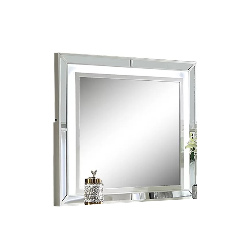 Pumi Dresser Mirror w LED- Glass Panel Trim- Ivory 38x44 Rectangular