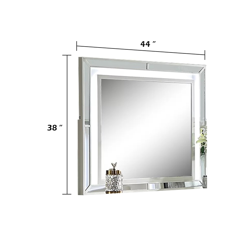 Pumi Dresser Mirror w LED- Glass Panel Trim- Ivory 38x44 Rectangular
